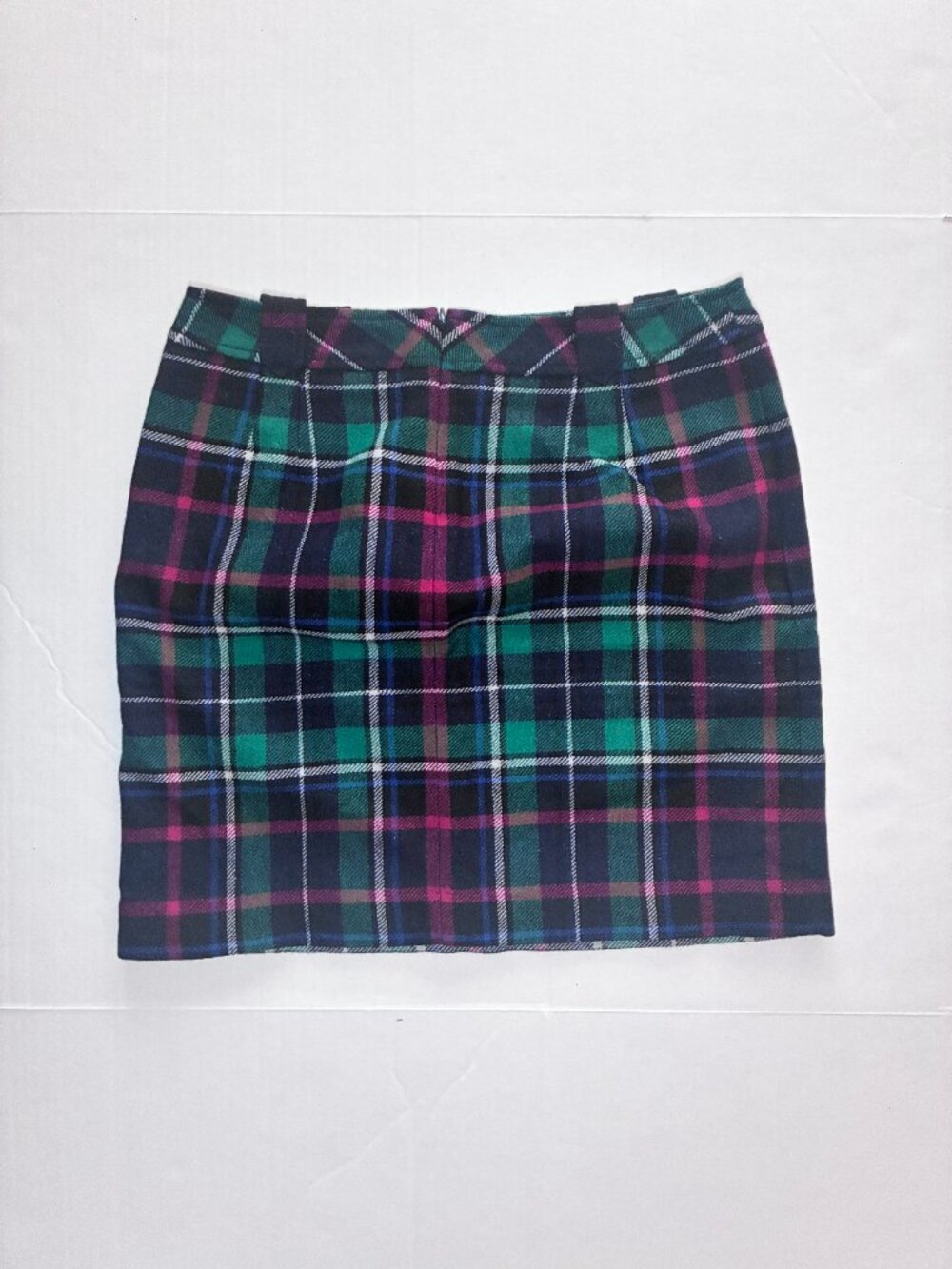 Talbots Petites Wool Blend Plaid Mini Skirt - 12P - Green Navy Pink - Picture 2 of 8